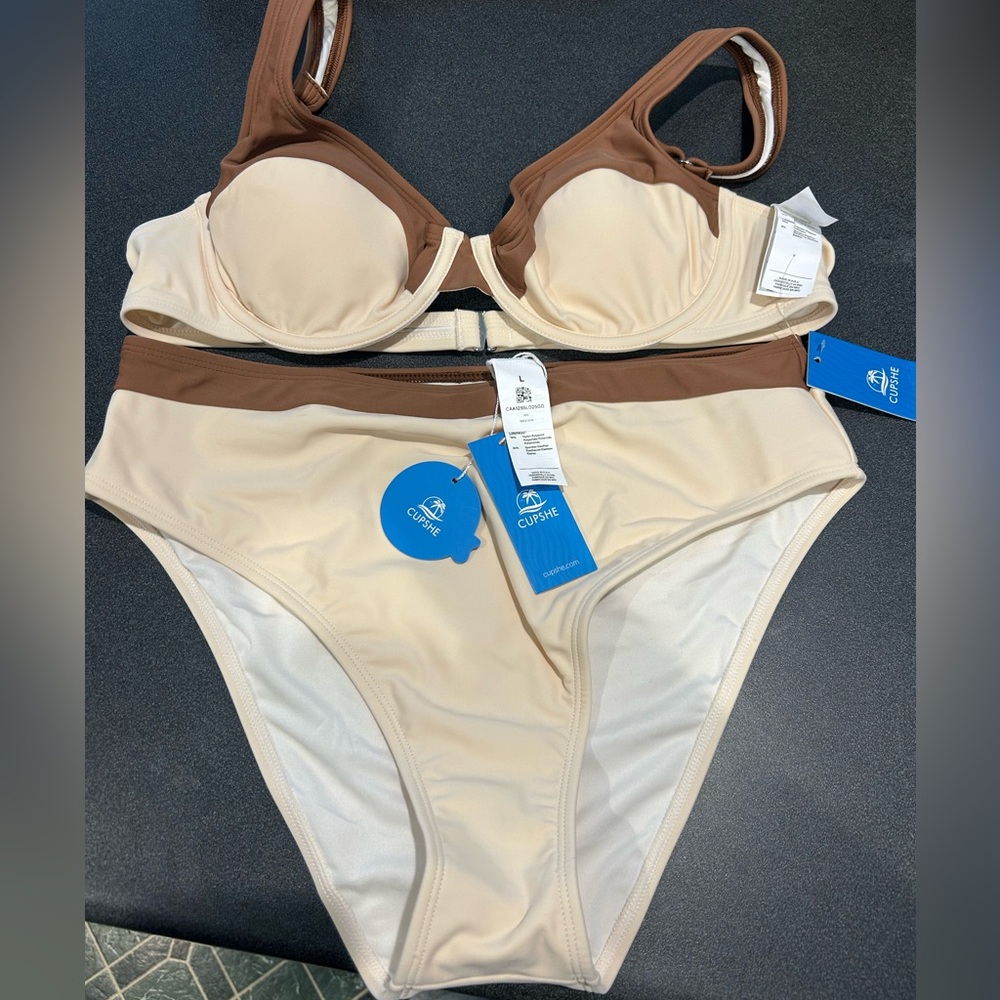 CUPSHE Brown and Cream Bikini Set